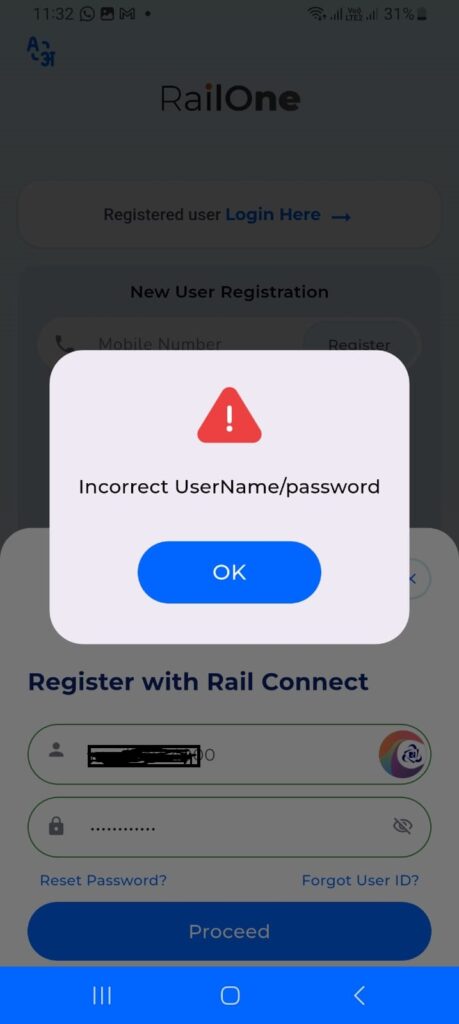 Railone login issue