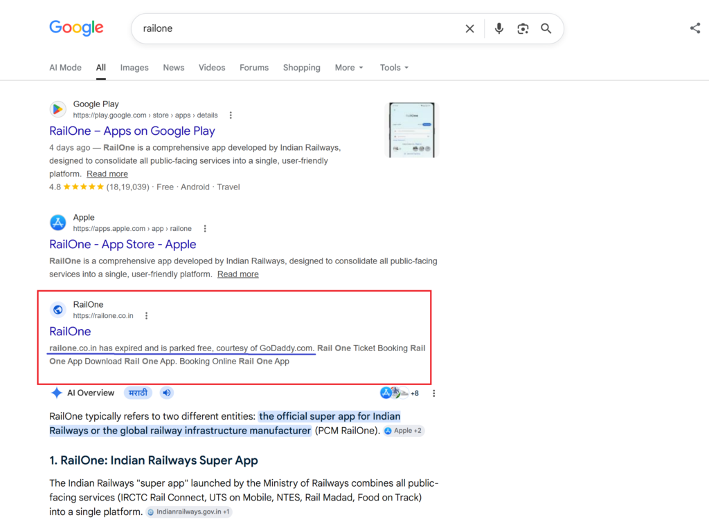 shot of railone on google search