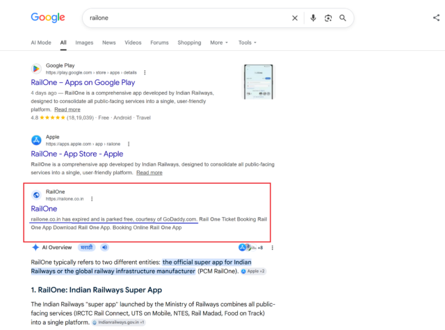 shot of railone on google search